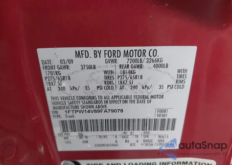 2009 Ford F-150 Fx4/King Ranch/Lariat/Platinum/Xl/Xlt z USA, uszkodzony, nr VIN 1FTPW14V89FA79078